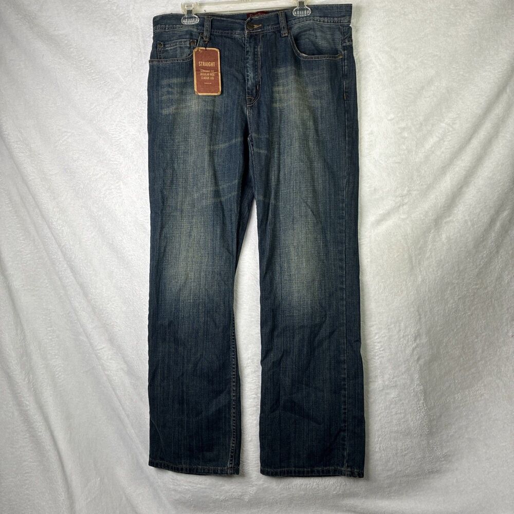 Perry Ellis Premium Denim Jeans Mens 36x32 Straight Fit Dark Wash Blue Cotton